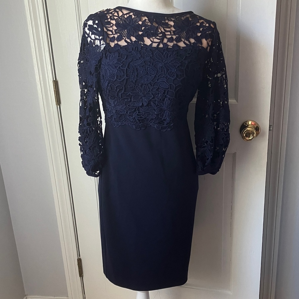 Ralph Lauren Dress Navy Lace Overlay below knee Cocktail Dress Long sleeve EUC 2